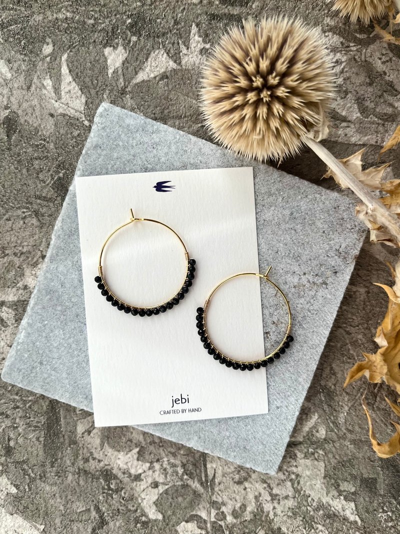 百搭黑色 / 黑碧玺圈形耳环 - 耳环/耳夹 - 半宝石 黑色