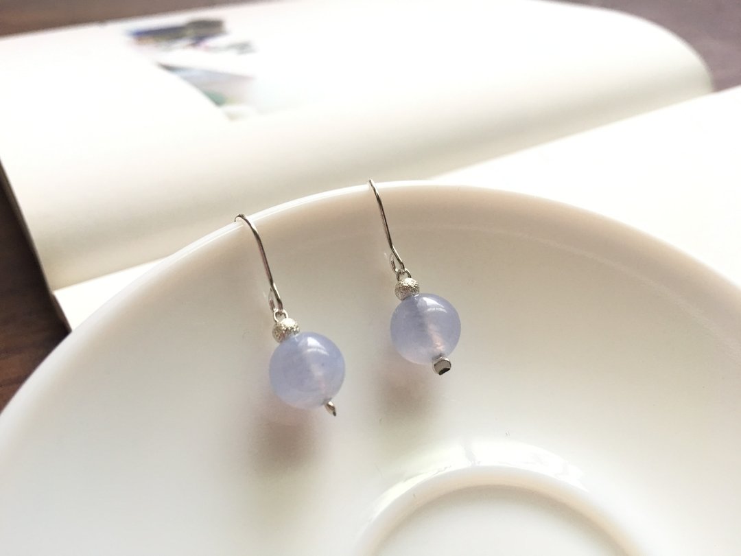 Ops Blue Lace Agate Silver earring-蓝纹玛瑙/纯银/情人节/耳环 - 耳环/耳夹 - 宝石 蓝色