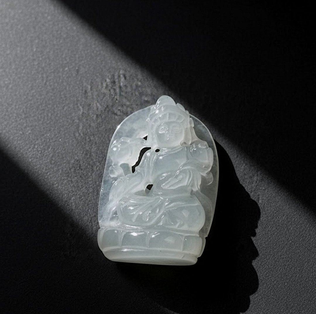 冰种翡翠持莲观音菩萨项链 | 天然缅甸玉翡翠A货 | 送礼 - 项链 - 玉石 透明
