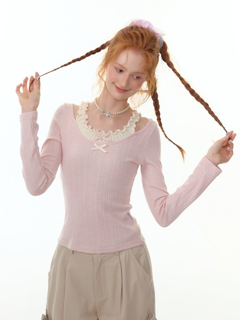 ziziFei秋冬美式设计感假两件蝴蝶结挂脖上衣长袖t恤针织打底衫女 - 女装针织衫/毛衣 - 其他材质 