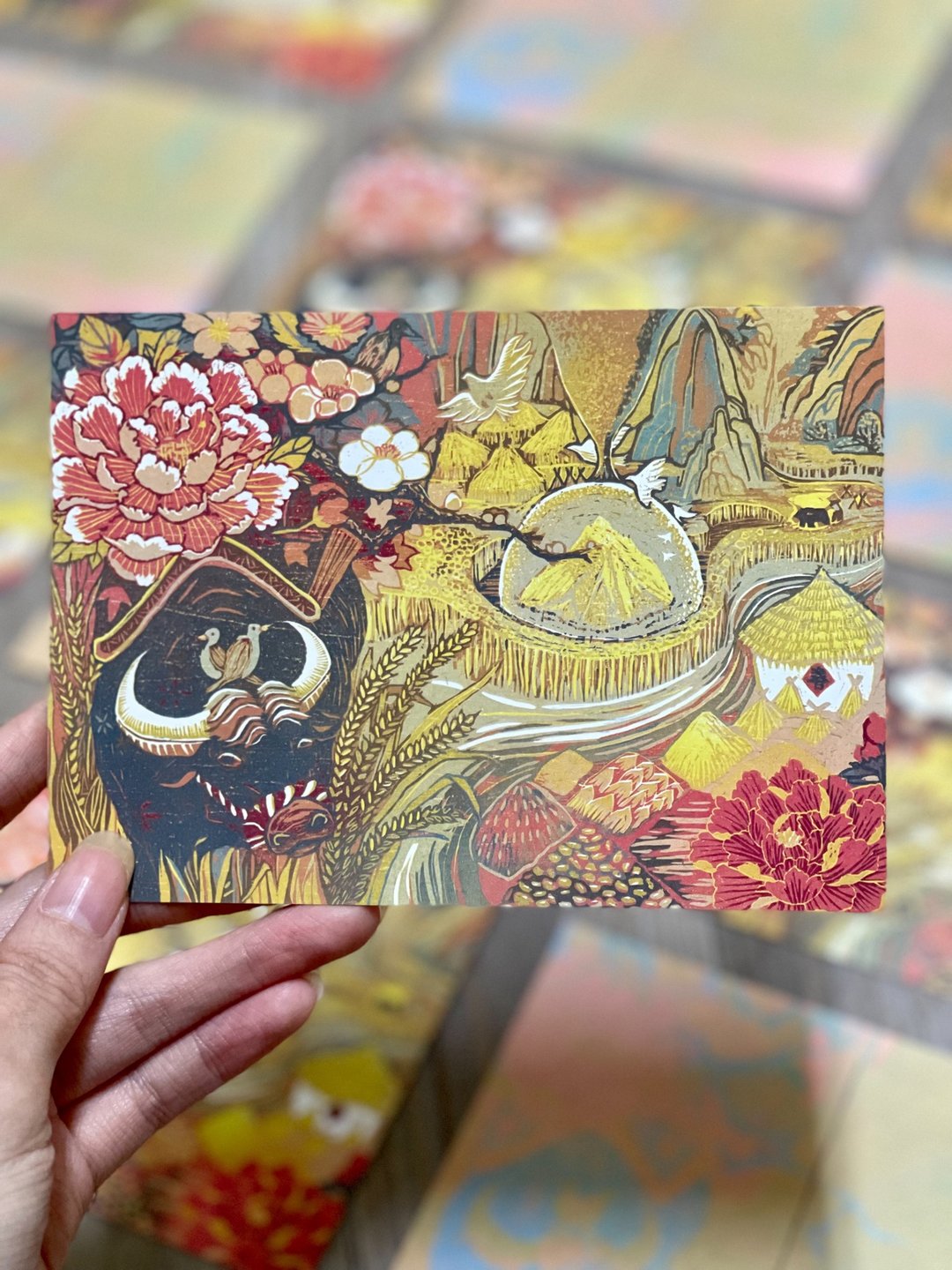 瑞穗丰年 牛年版画明信片 - 卡片/明信片 - 纸 多色