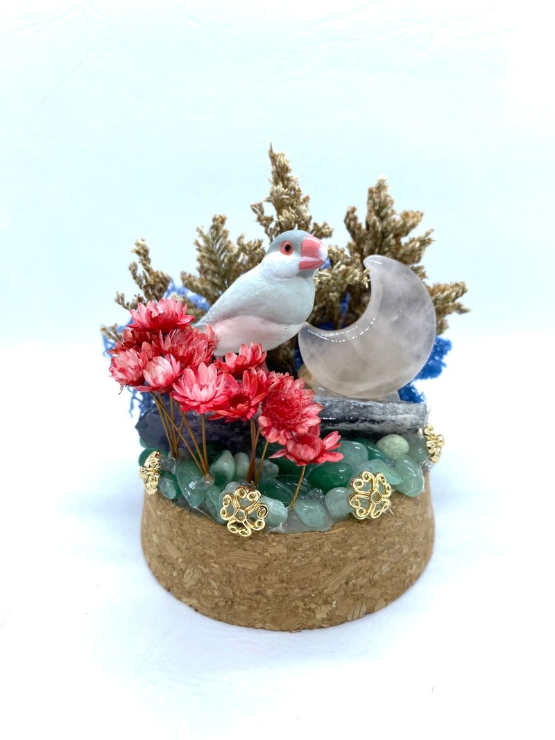 蔚蓝花园-文鸟与粉水晶月亮/紫水晶-水晶公仔干燥花摆设 - 摆饰 - 水晶 