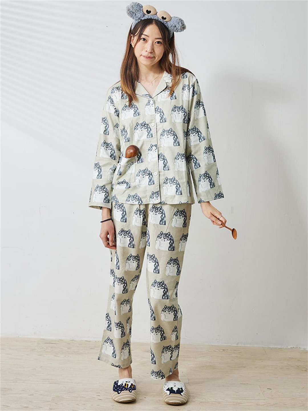 祿祿喵 貓咪印花春季磨毛全棉家居服套裝 - 居家服/睡衣 - 棉 绿色