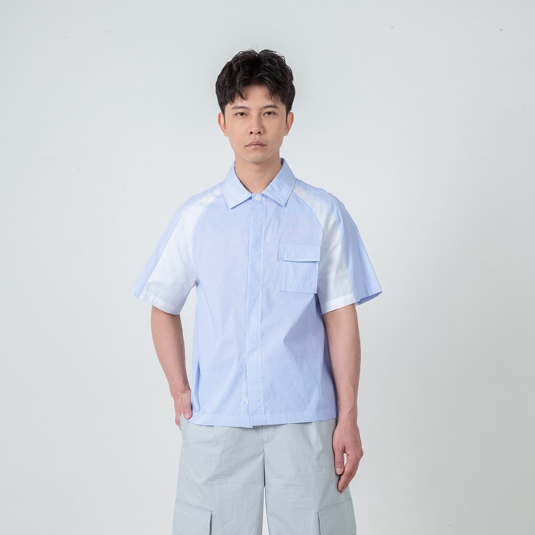 配色拉克兰袖衬衫 - 男装衬衫 - 棉 蓝色