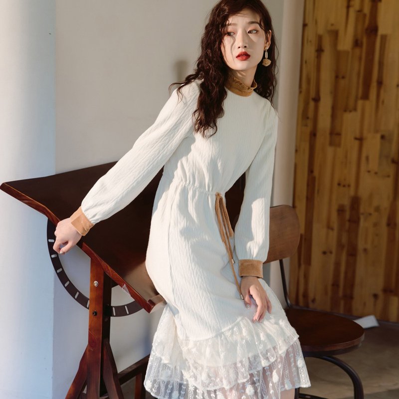 腰节抽绳撞色复古拼接连衣裙 - 洋装/连衣裙 - 聚酯纤维 