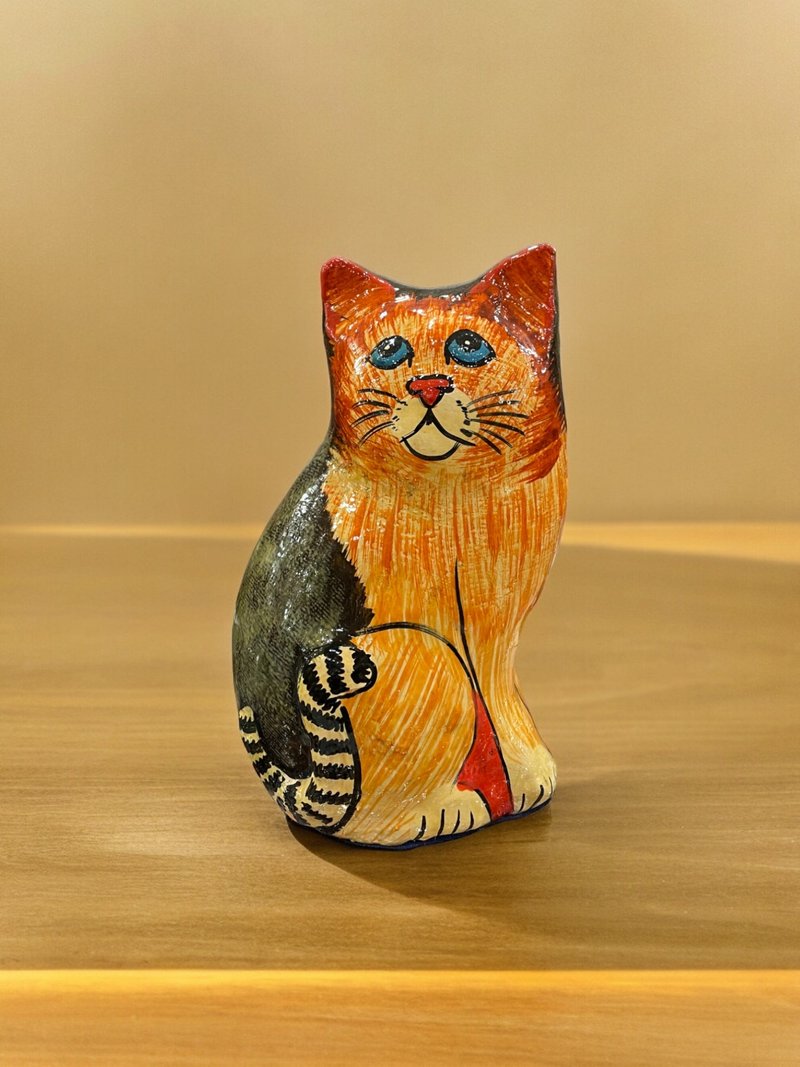印度喀什米尔 手工漆纸器 彩绘猫咪摆饰 - 柴郡猫 - 摆饰 - 木头 橘色