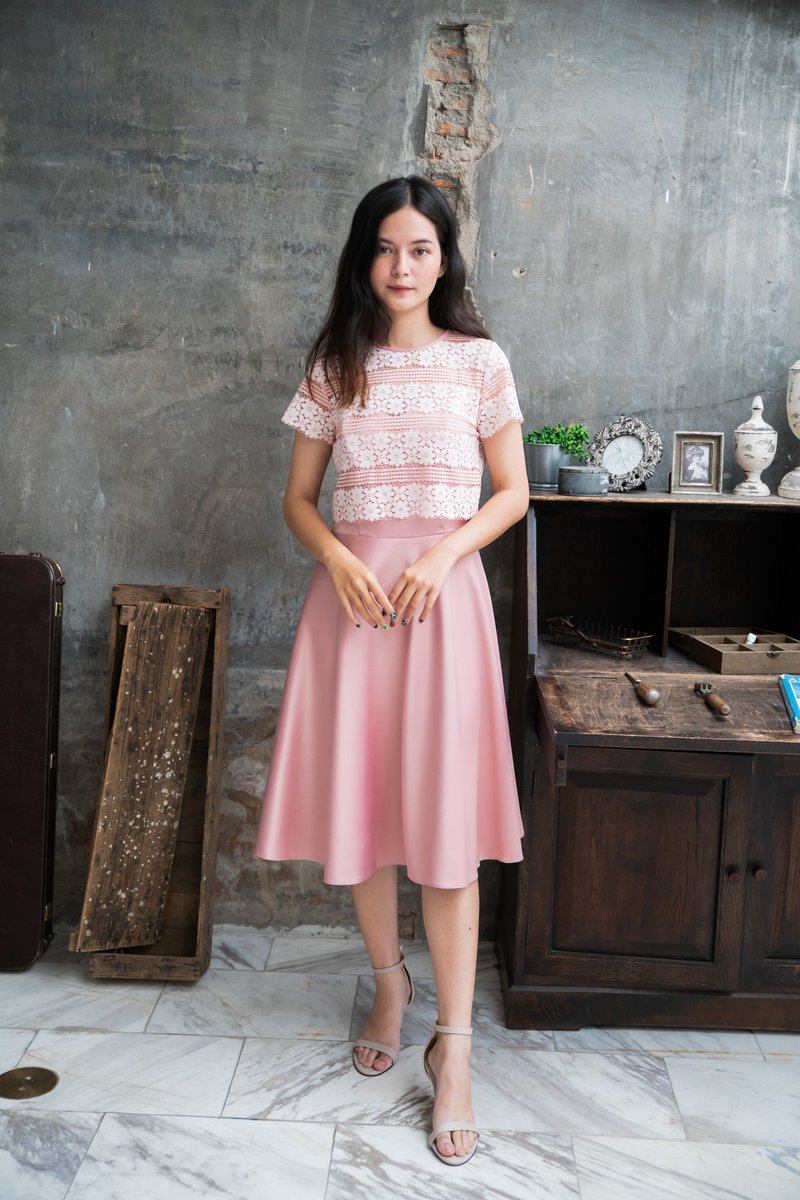 Pink lace Dress Crop Lace and Dress Wedding Dress Sweet Vintage Wedding Gown - 洋装/连衣裙 - 聚酯纤维 粉红色