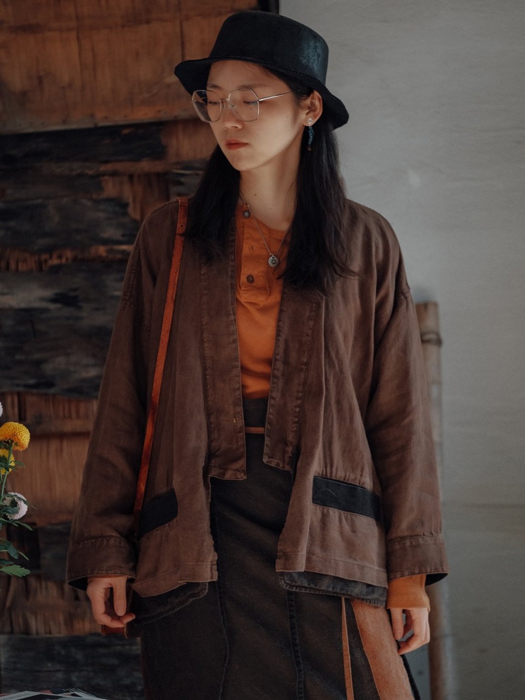 橡樹色 植物染手工刺繡漢麻道袍 寬松百搭漢麻外套袍子 - 女装休闲/机能外套 - 棉．麻 咖啡色