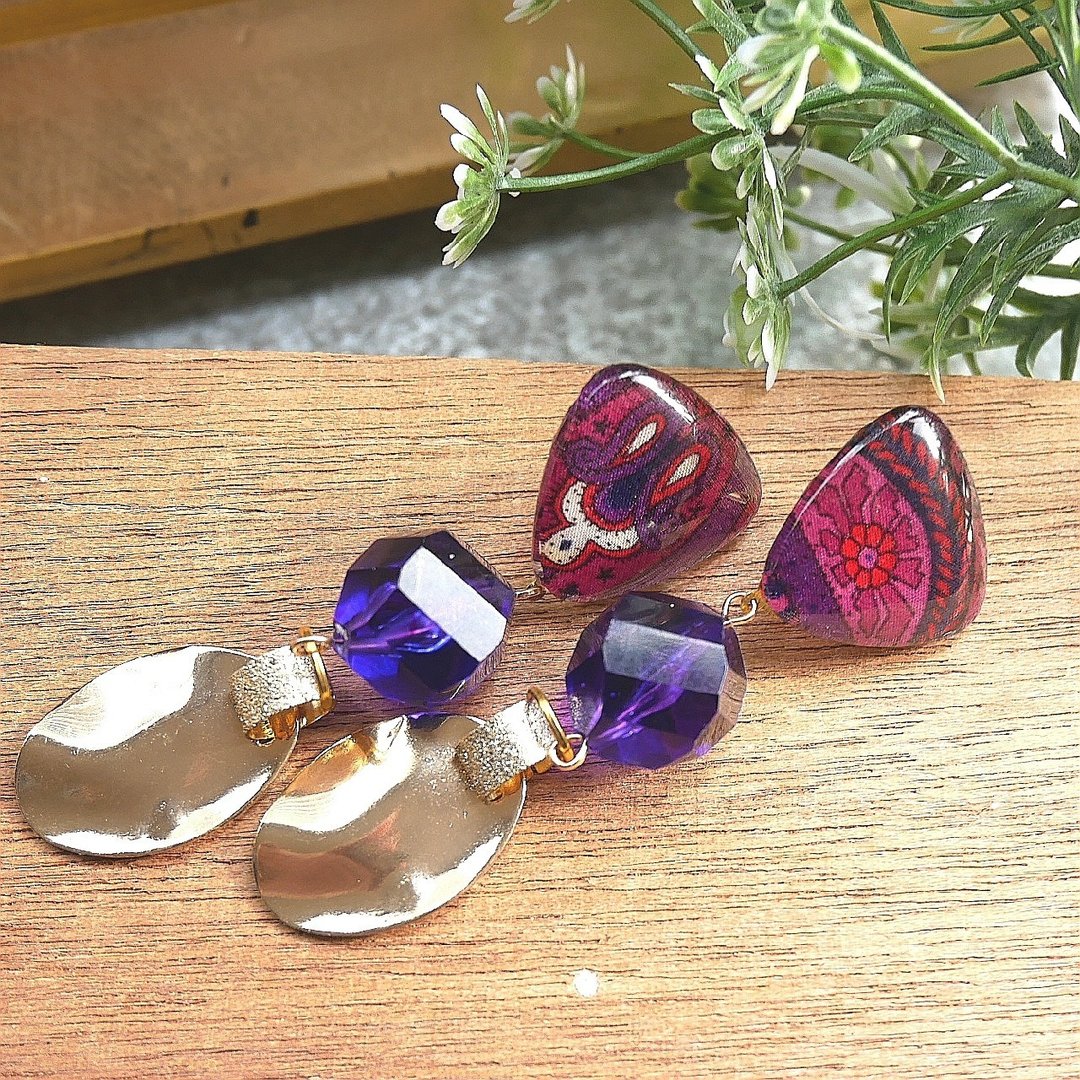 Glass Cabochon Liberty Ethnic Vintage Earrings Earrings NO.0-1933 - 耳环/耳夹 - 玻璃 多色