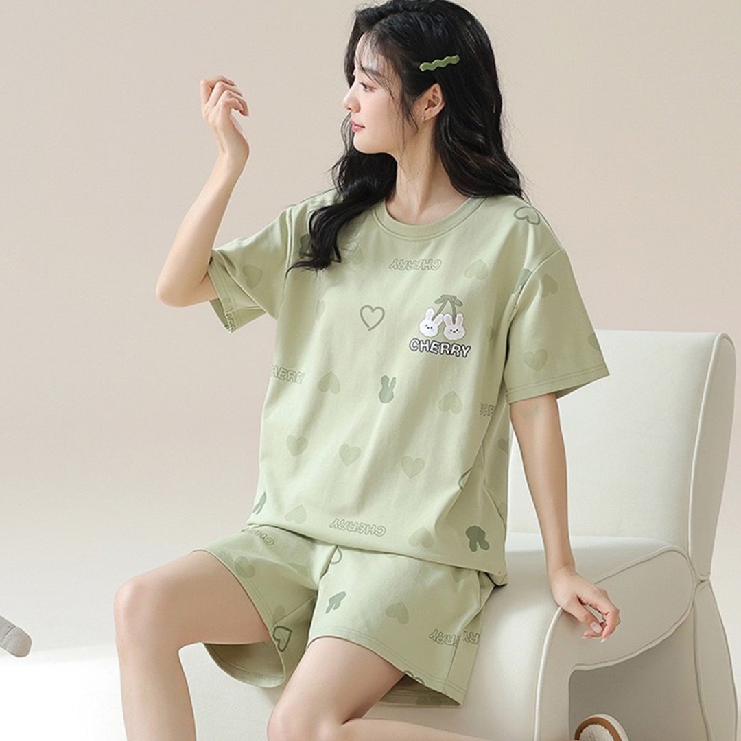 Pink Lady 棉柔成套睡衣 樱桃小兔 落肩短袖 两件式女睡衣 居家服 - 居家服/睡衣 - 其他人造纤维 绿色