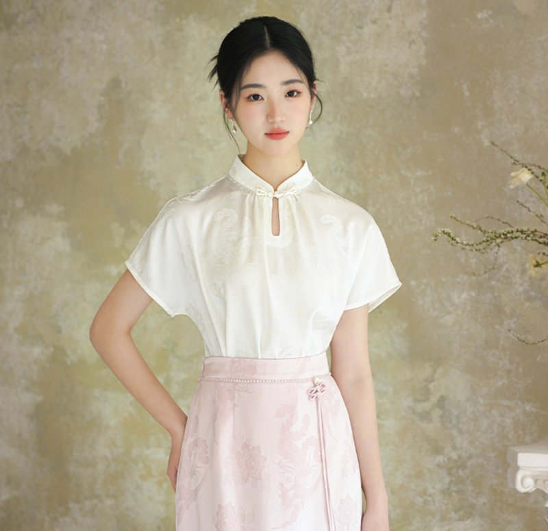 【象牙白】新中式复古中国风 素雅水滴领/缎面醋酸上衣/半裙 - 洋装/连衣裙 - 其他材质 白色