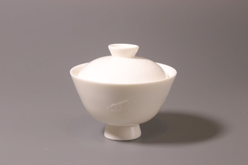 敦睦窑 德化模刻印花玉瓷小盖杯 - 茶具/茶杯 - 瓷 白色
