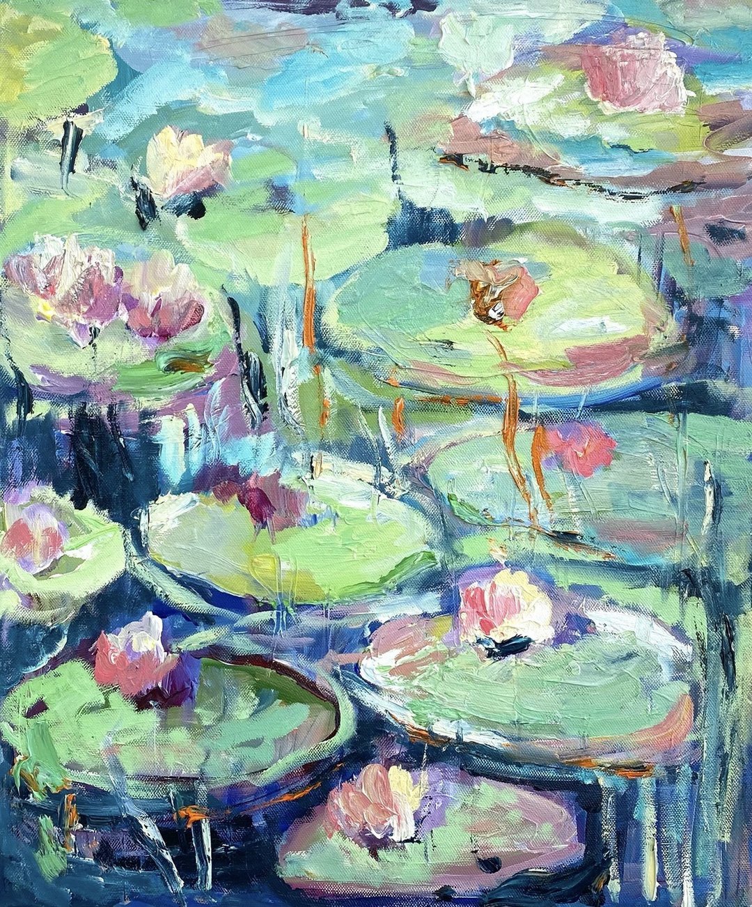 Water lilies 原創油畫睡蓮 Oil on canvas Abstract Impressionism Japanese style Koi fish - 墙贴/壁贴 - 其他材质 蓝色