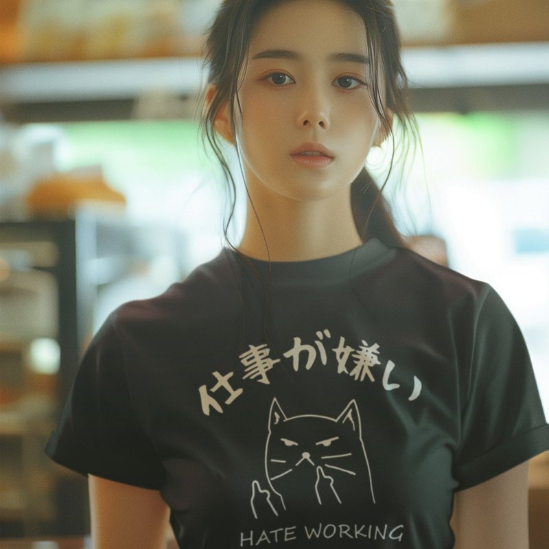 日文讨厌工作 中性短袖T恤 黑色 猫咪交换礼物日本日语职场加班 - 女装 T 恤 - 棉．麻 黑色