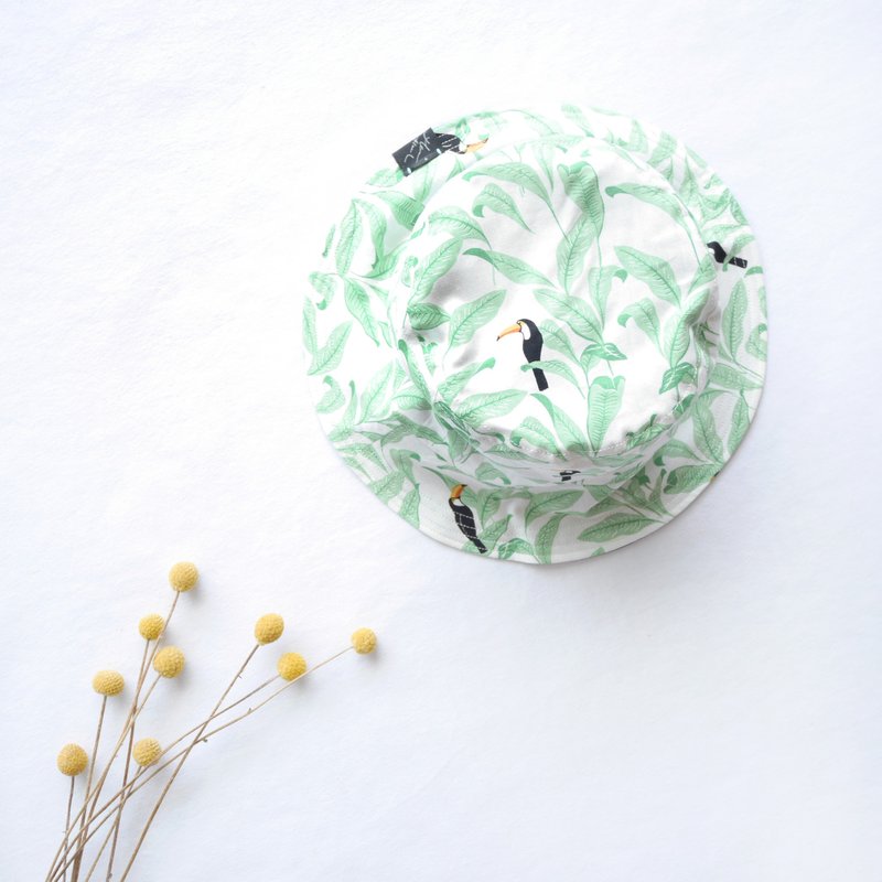 夏日双面渔夫帽系列 | 叶子大嘴鸟 - 帽子 - 棉．麻 白色