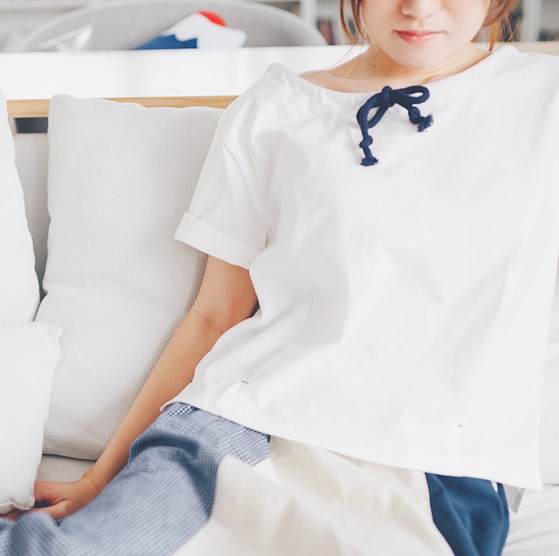 拼牛仔布系列／蓝色／绳子白色纯棉T恤 - 女装 T 恤 - 棉．麻 白色