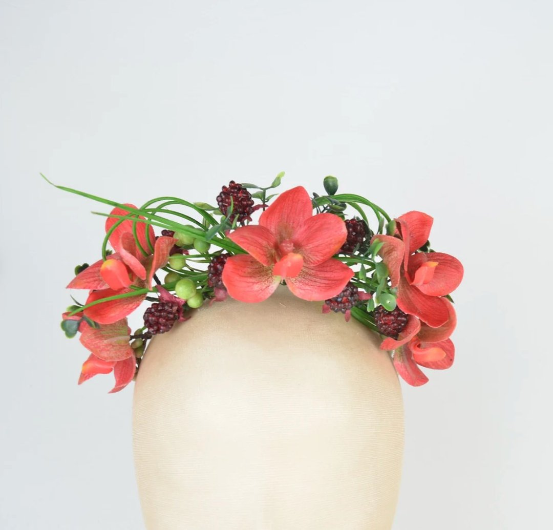 Crown Flower Headpiece in Romantic Red with Silk Flower Orchids and Raspberries - 发饰 - 其他材质 红色