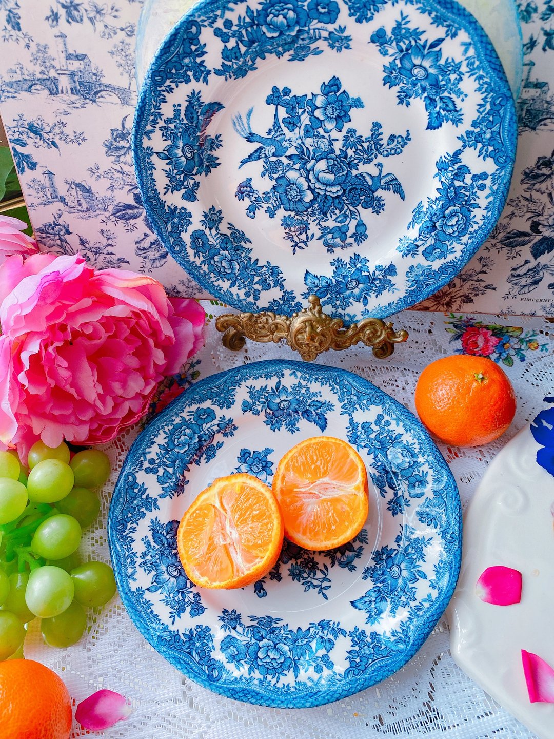 英国制1930年Wedgwood沽蓝系列手绘玫瑰古董盘点心盘饰品碟两件 - 盘子/餐盘/盘架 - 瓷 蓝色