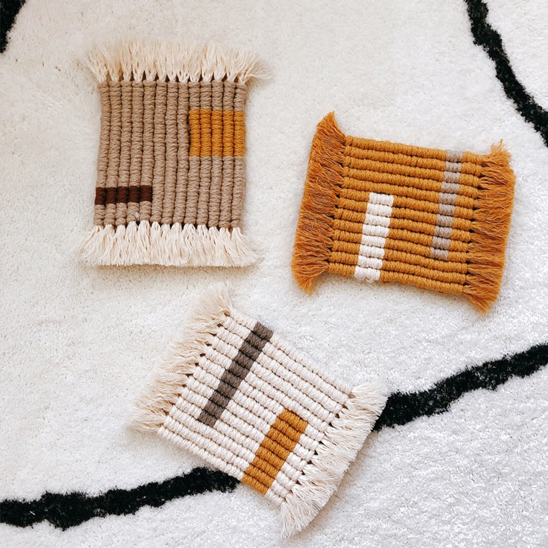 Macrame 几何撞色杯垫 可订制 - 摆饰 - 棉．麻 橘色