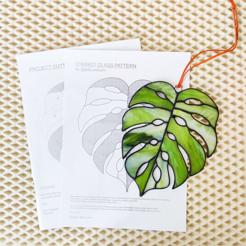 Stained glass monstera pattern, Stained glass pattern template, PDF - 其他数码商品 - 其他材质 