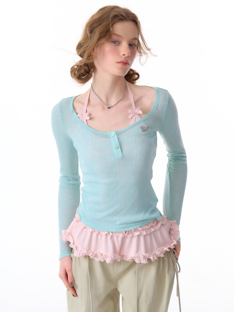 ziziFei春秋季新款美式复古修饰显瘦针织衫半透薄款长袖上衣T恤女 - 女装上衣 - 其他材质 蓝色