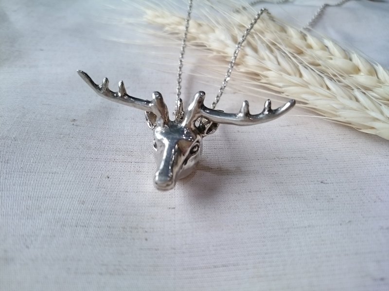 森林鹿手工订制925纯银项链项链 麋鹿 鹿头 Deer Silver Necklace - 项链 - 纯银 银色
