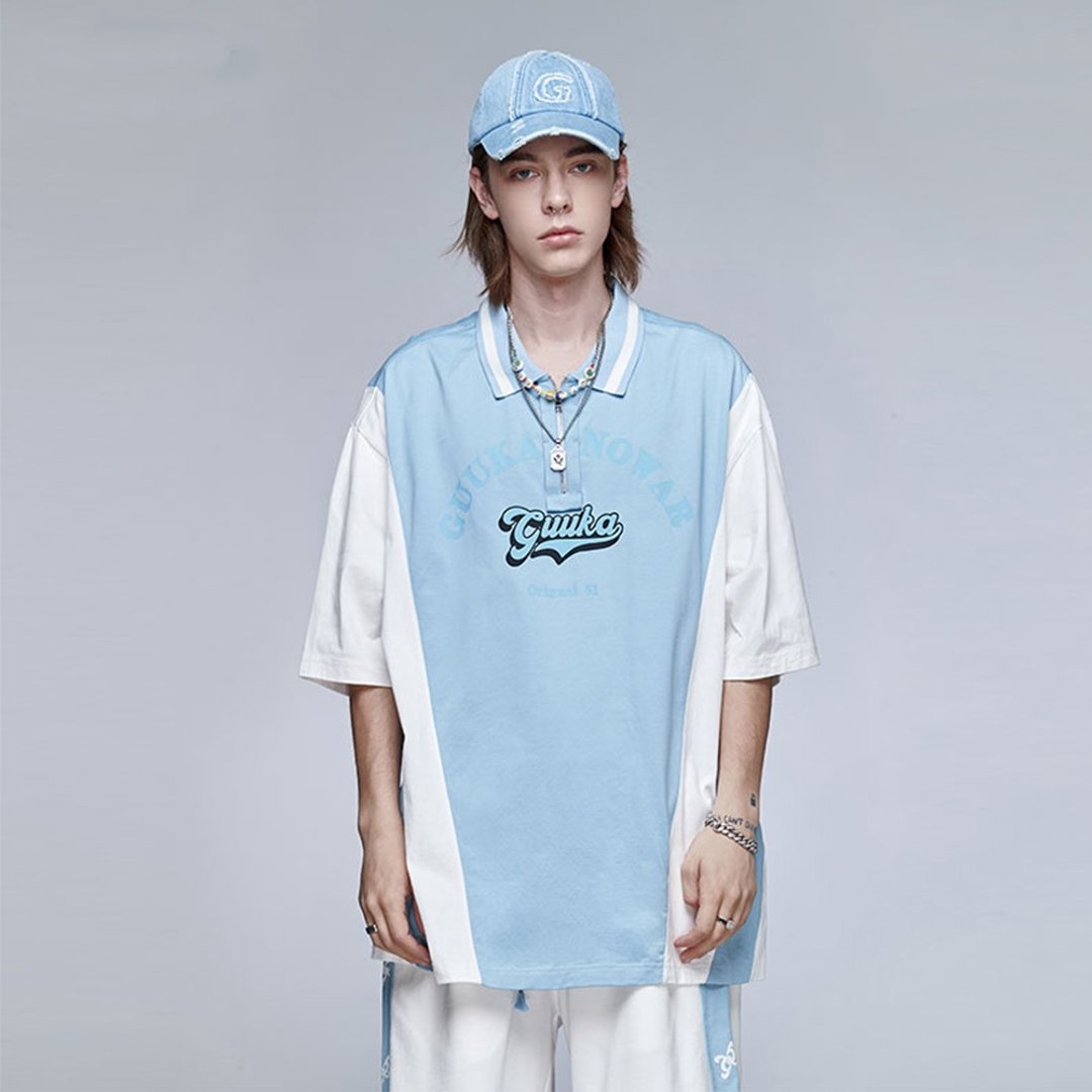 蓝白拼接短袖POLO  夏季翻领运动上衣 - 男装上衣/T 恤 - 棉．麻 