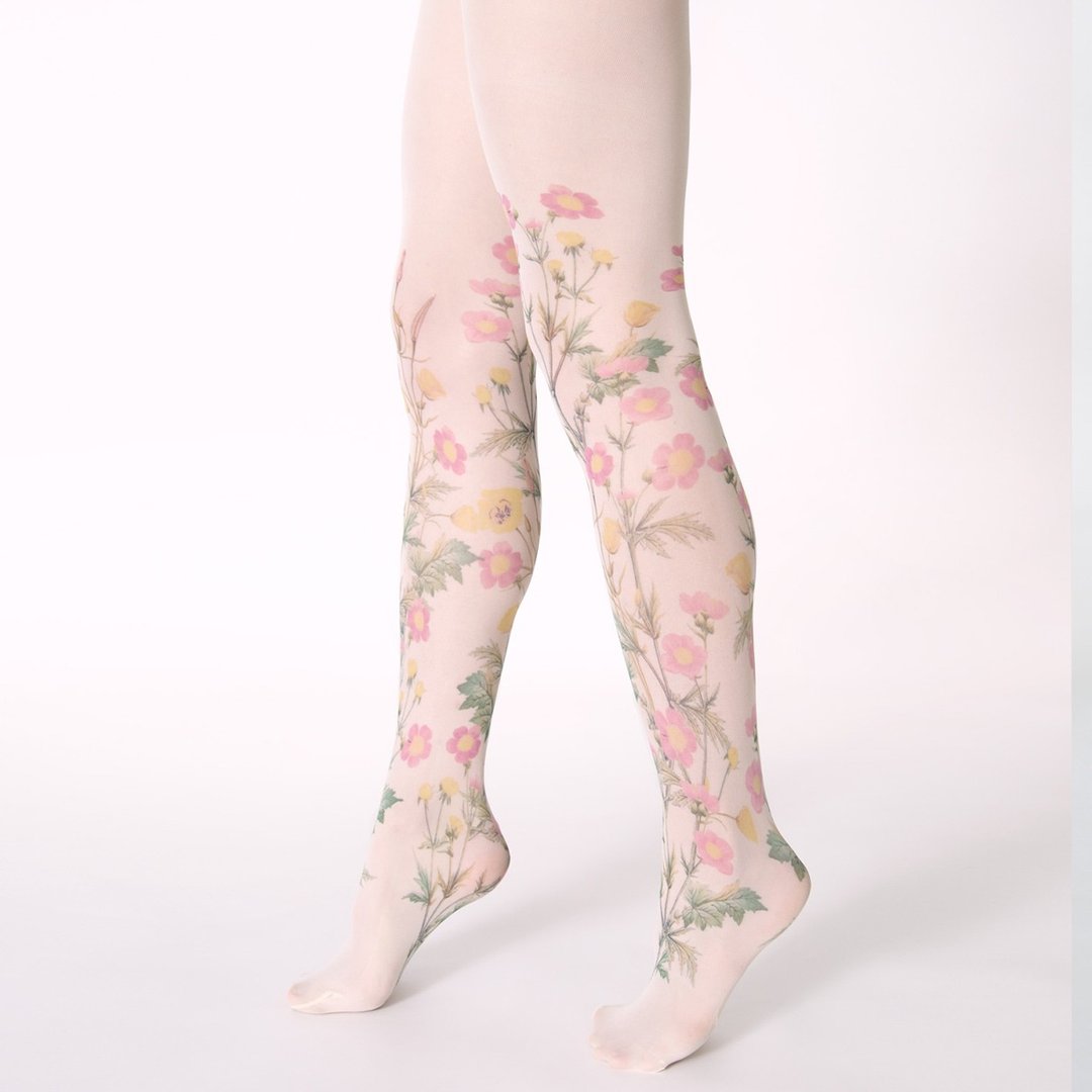 粉彩色草原印花裤袜，大自然爱好者时尚单品，花卉穿搭 - 女装内搭/紧身裤 - 尼龙 白色