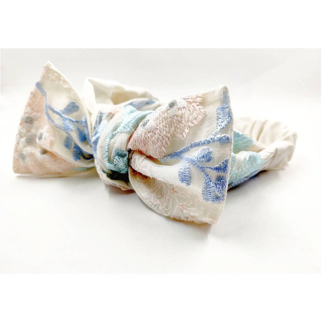 Petitbebe二用蓝色立体蕾丝蝴蝶结发带 - 发饰 - 棉 白色