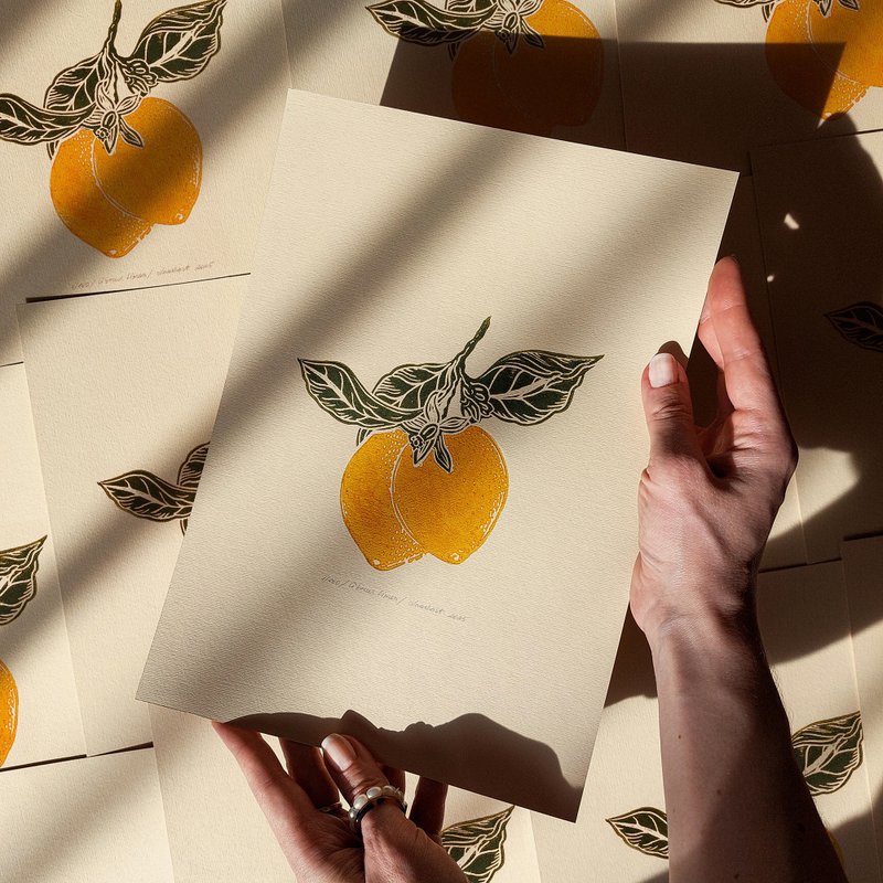 极简主义柠檬水果油毡版画植物原创艺术品墙艺术装饰 - 墙贴/壁贴 - 纸 绿色