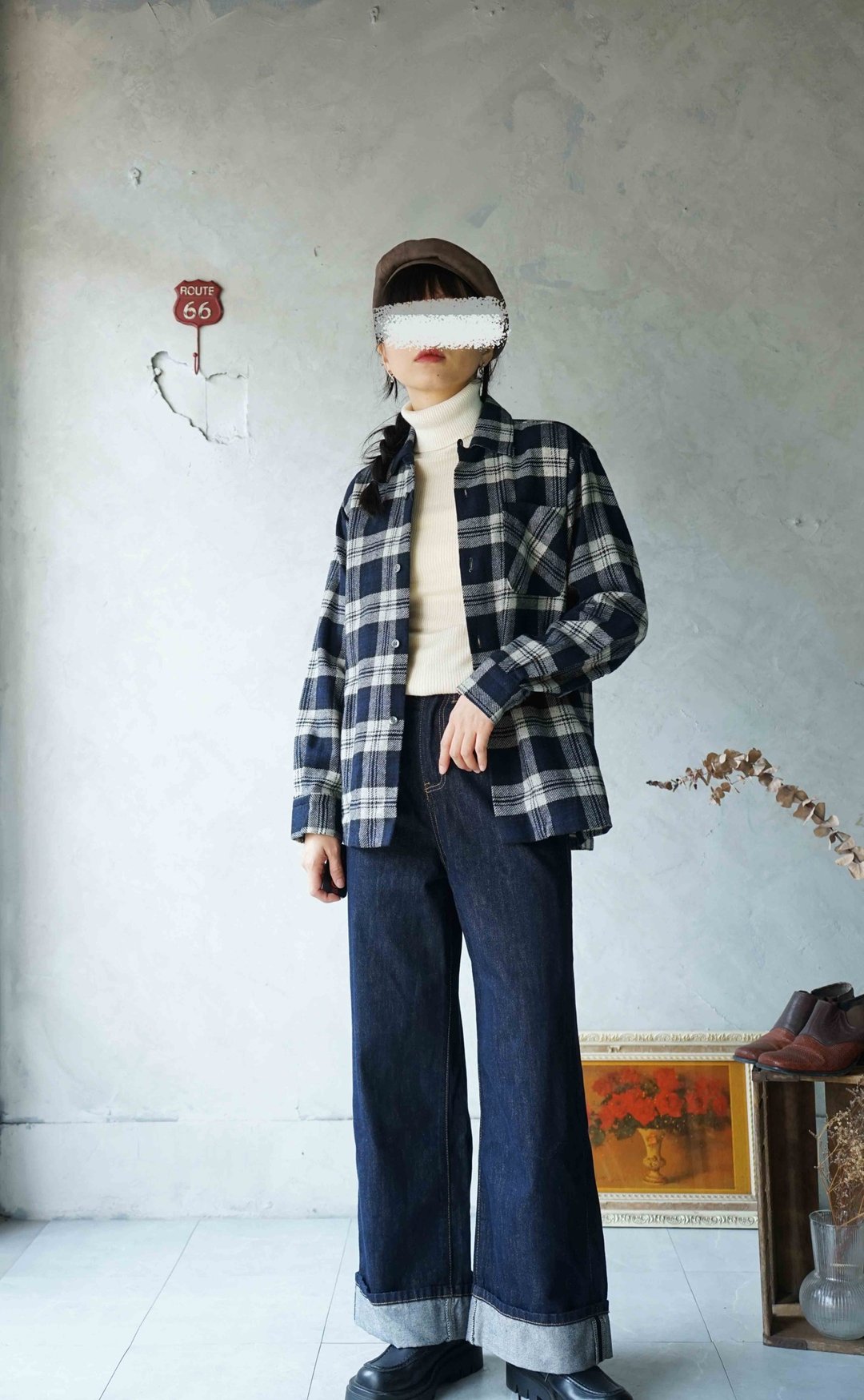 寻宝古着-文青蓝白格纹毛料中性衬衫 - 女装衬衫 - 羊毛 蓝色