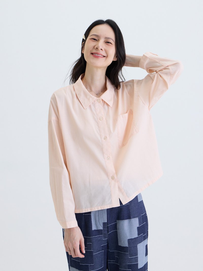 PINKOI ONLY 超长棉小领开襟衬衫-淡橘 - 女装衬衫 - 其他人造纤维 橘色