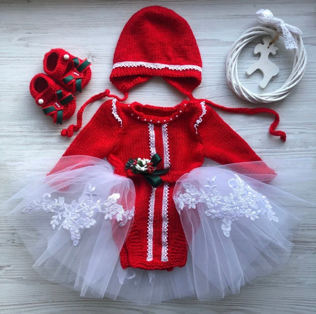 Hand knit clothing set for baby girl. Romper, hat, booties and tutu skirt. - 童装礼服/连衣裙 - 其他材质 红色