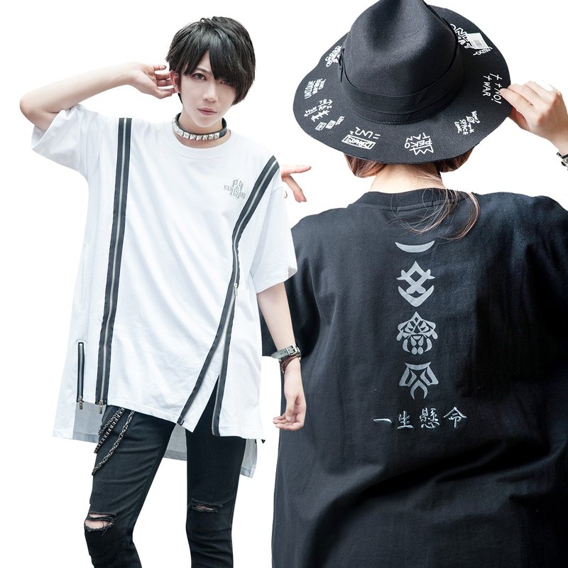 o吉儿o独家款 一生悬命 简约印花拉链中性长版T恤上衣【JAG0080】 - 中性连帽卫衣/T 恤 - 棉．麻 黑色