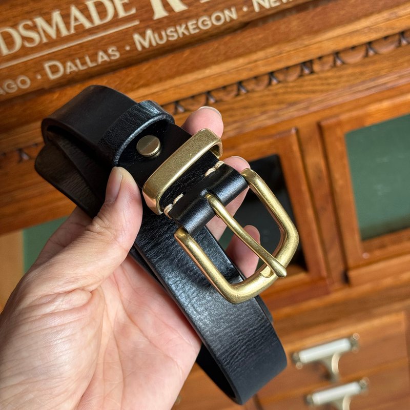 女腰带2.8CM 手感厚实植鞣头层牛皮 复古休闲真皮黄铜扣皮带 - 皮带/腰带 - 真皮 黑色