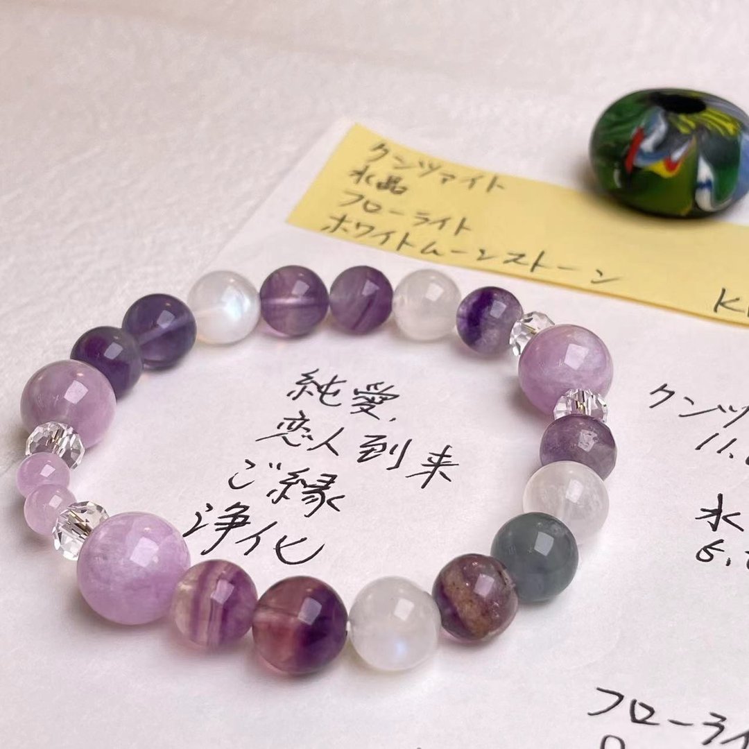 紫锂辉 紫萤石 月亮石 天然矿石 能量 手作礼物 日本制 水晶手链 - 手链/手环 - 水晶 多色