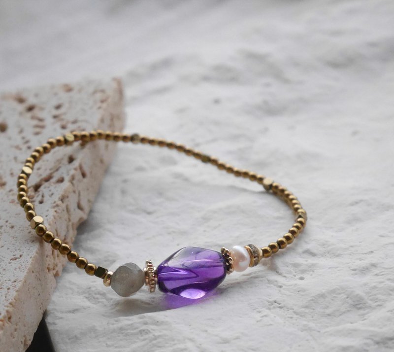 紫水晶 月光石 灰月光 智慧 人缘  天然水晶 水晶 手串 手环 - 手链/手环 - 水晶 紫色