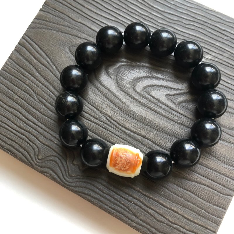 和田玉墨玉搭配白玉竹节筒珠手串/祝高升转运/送礼/老师送礼/毕业 - 手链/手环 - 玉石 黑色