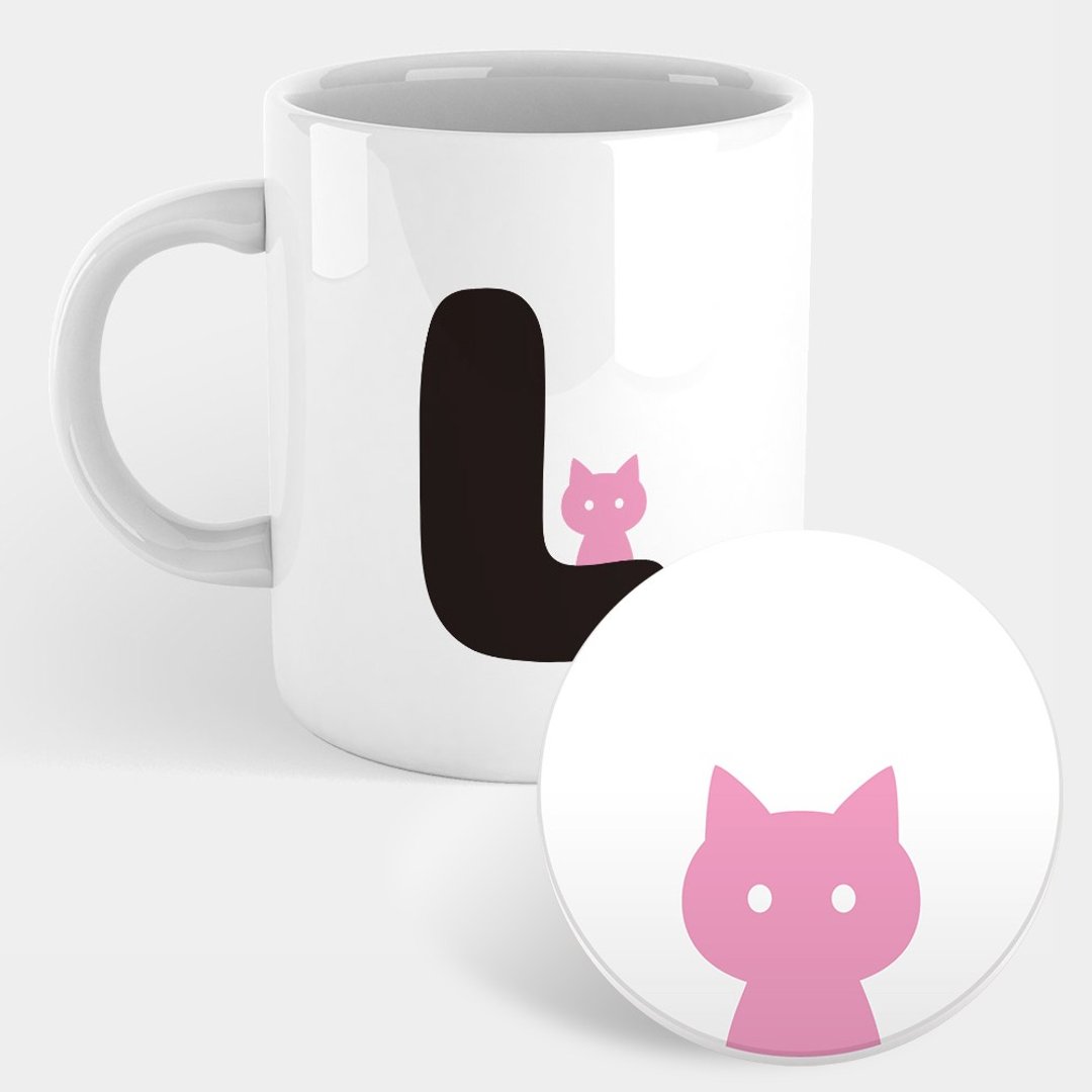 猫咪 英文字母L 马克杯 杯垫 PU036 - 咖啡杯/马克杯 - 瓷 白色