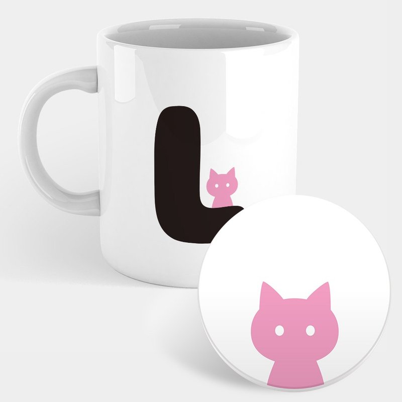 猫咪 英文字母L 马克杯 杯垫 PU036 - 咖啡杯/马克杯 - 瓷 白色
