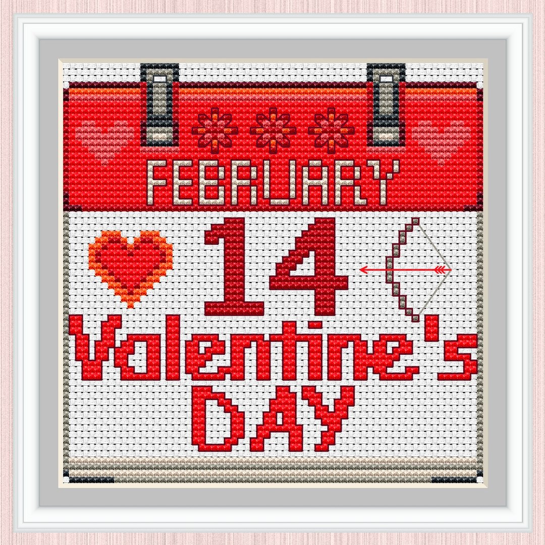 Valentine's Day Cross Stitch Pattern | February 14 | Calendar Sheet | - 手工艺教程/工具书 - 其他材质 