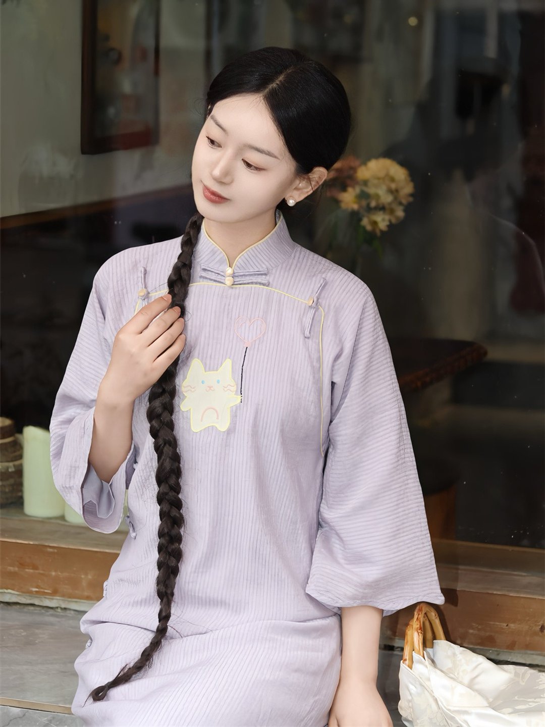 淺紫色 貓貓刺繡倒大袖古法旗袍 寬松日常七分袖洋裝裙 - 旗袍 - 其他人造纤维 紫色
