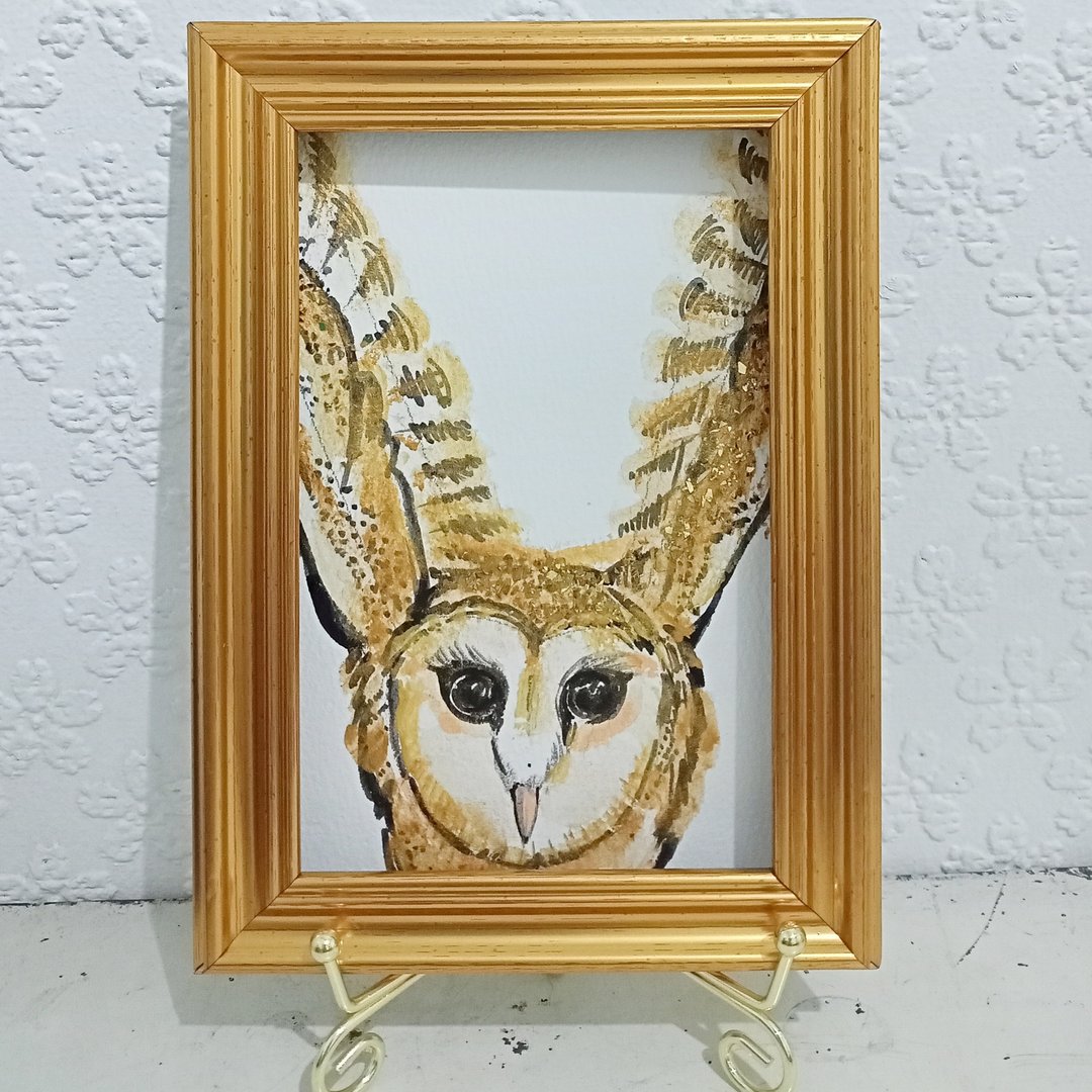 猫头鹰/微金粉绘卡/含金色画框 - 画框/相框 - 纸 金色