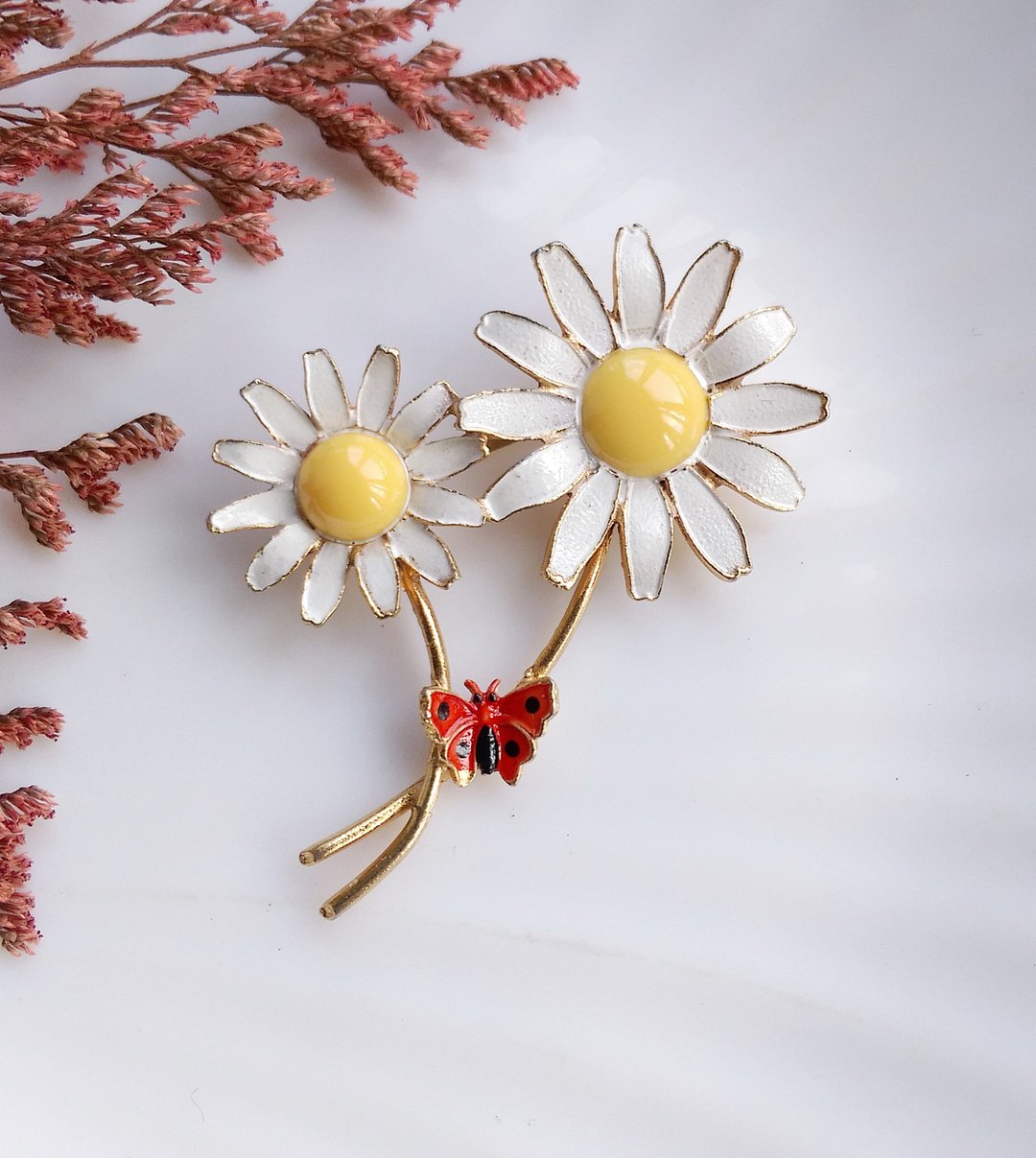 Vintage Jewelry   双雏菊 小蝴蝶 珐琅花 花卉 别针  胸针 - 徽章/别针 - 其他材质 金色
