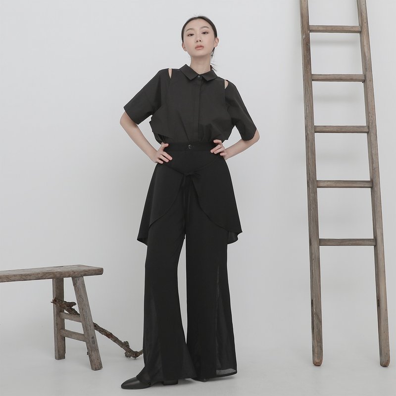 台北时装周限定款/Qing_清・拼接落地长裤_23SF204_黑 - 女装长裤 - 聚酯纤维 黑色