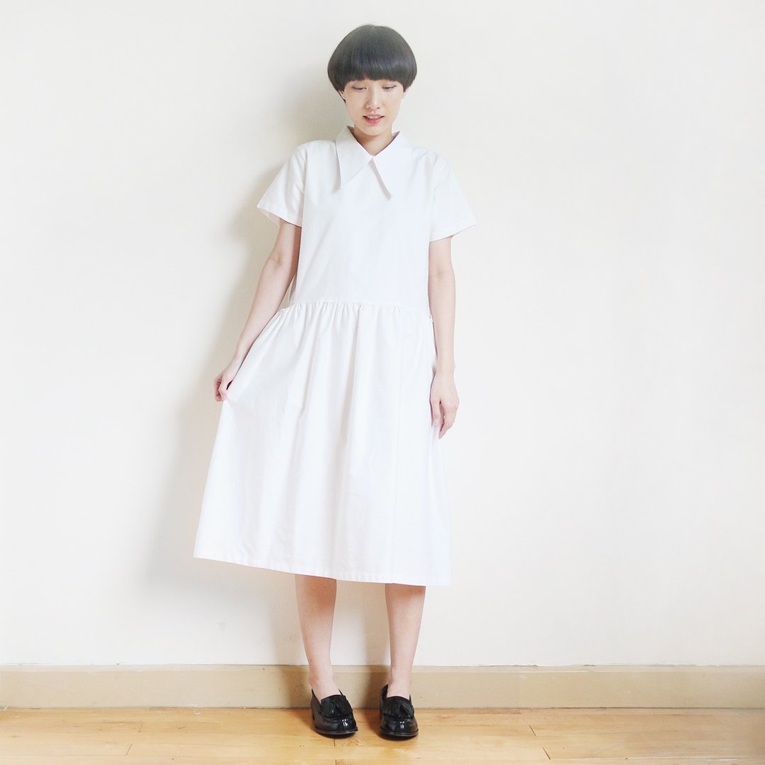 oxford big collar gathered dress : off-white - 洋装/连衣裙 - 棉 白色