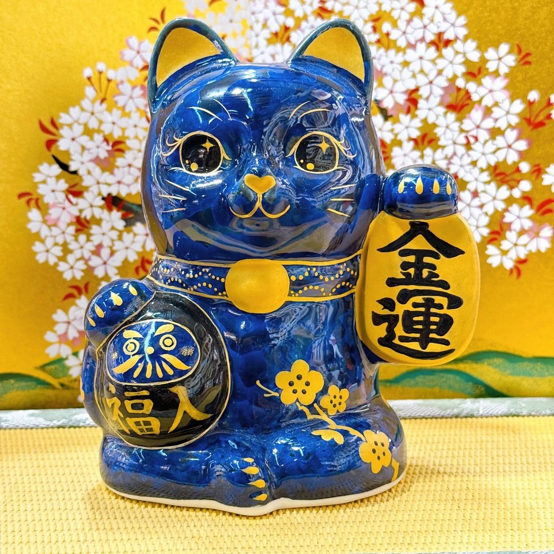 【墨達聚金】日本清水燒招財貓 | 達摩 花結晶 - 青墨 金運 - 摆饰 - 瓷 蓝色