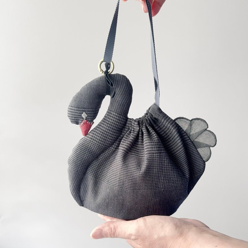天鹅【收纳包 S】黑天鹅束口袋 格纹 预计约 30 日内出货 - 手提包/手提袋 - 棉．麻 灰色