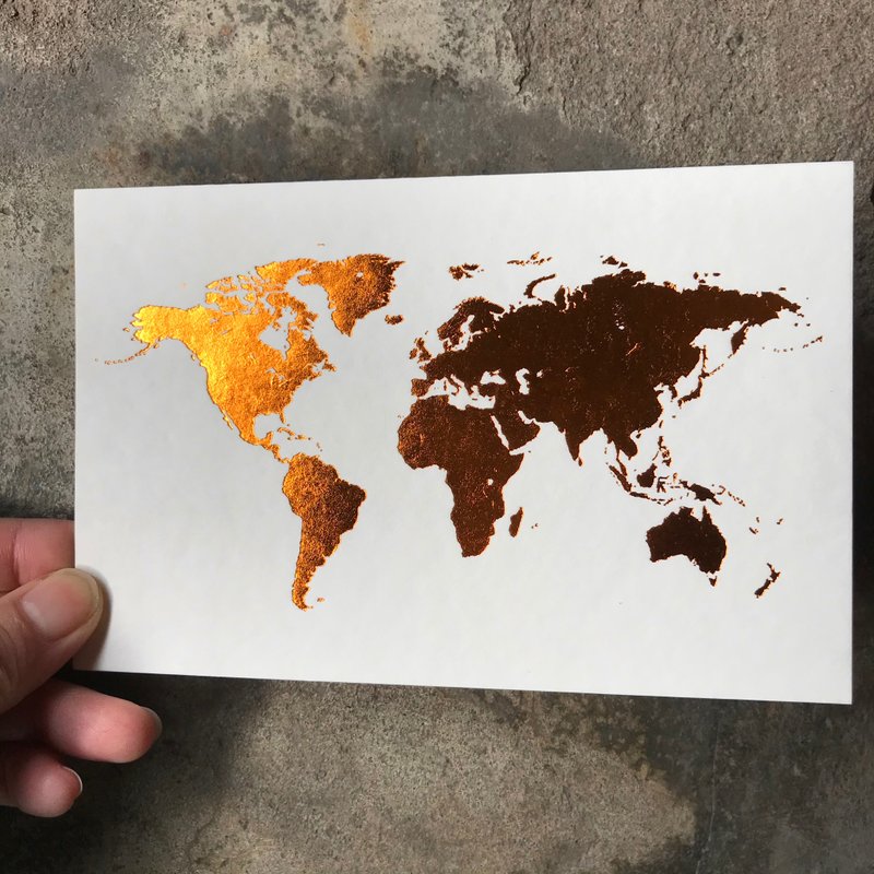 明信片-世界地图-白卡烫亮古铜金 - 卡片/明信片 - 纸 金色