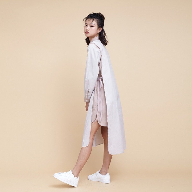 kitann ino拼色高织棉假两件系带双层长款衬衫裙侧开叉连衣裙洋装 - 洋装/连衣裙 - 棉．麻 粉红色